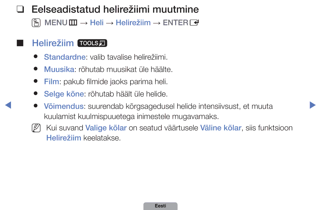 Samsung UE40D5000PWXBT manual Eelseadistatud helirežiimi muutmine, Helirežiim t, OOMENUm → Heli → Helirežiim → Entere 