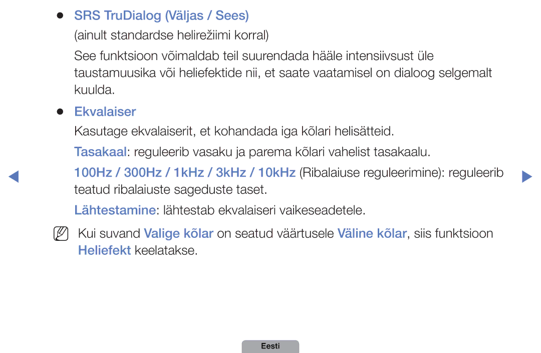 Samsung UE46D5000PWXBT, UE32D5000PWXBT, UE22D5010NWXBT, UE37D5000PWXBT manual SRS TruDialog Väljas / Sees, Ekvalaiser 