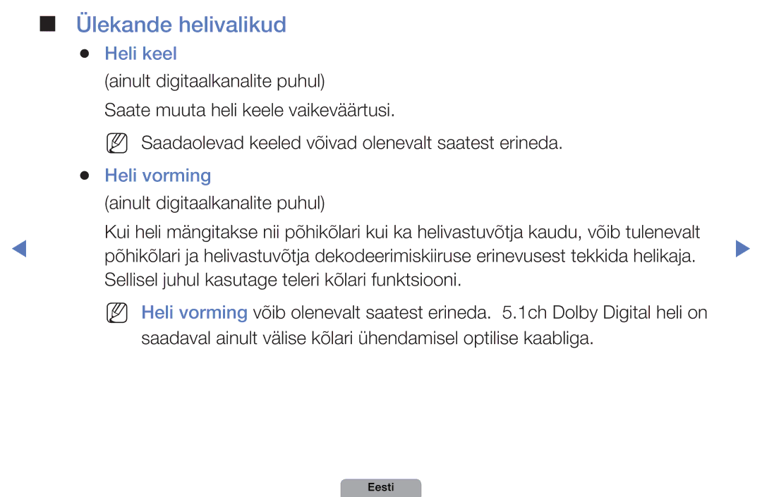 Samsung UE32D4010NWXBT, UE32D5000PWXBT manual Ülekande helivalikud, Heli keel, Heli vorming, Ainult digitaalkanalite puhul 