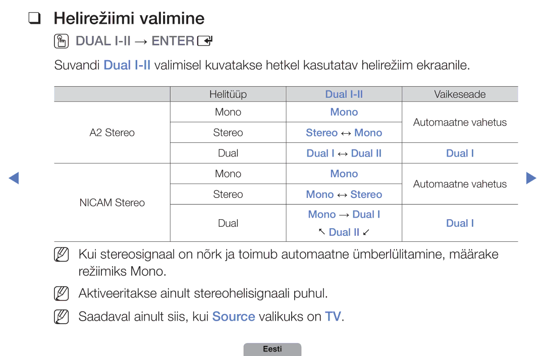 Samsung UE22D5000NWXBT, UE32D5000PWXBT, UE22D5010NWXBT, UE37D5000PWXBT manual Helirežiimi valimine, Oodual I-II → Entere 