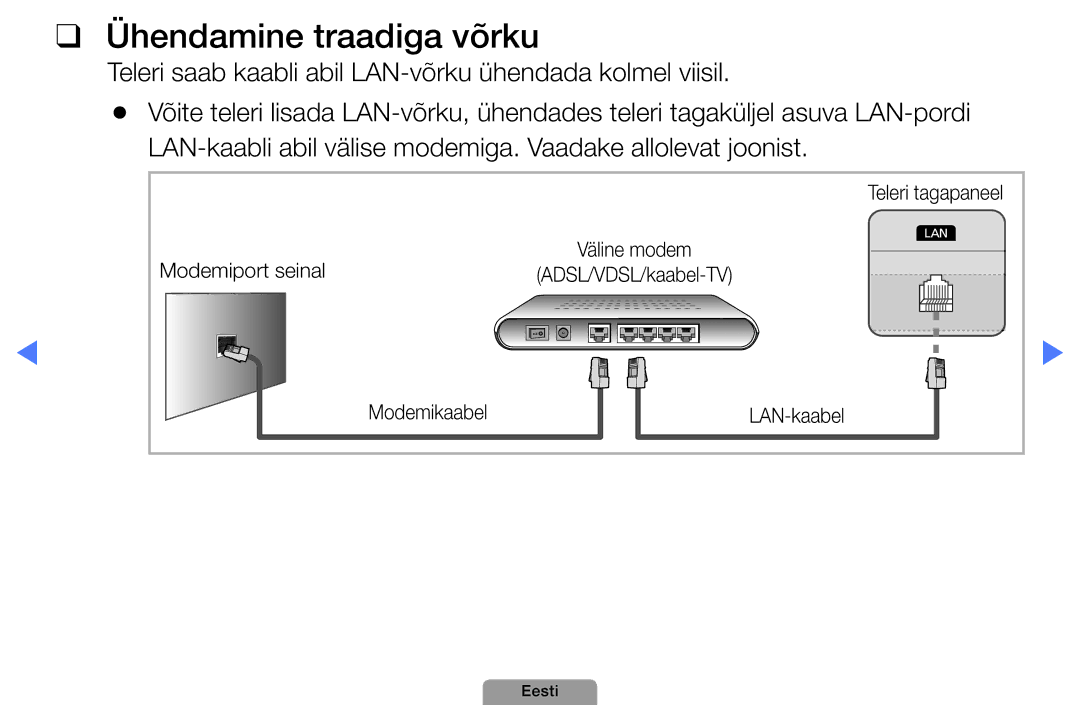 Samsung UE32D4010NWXBT, UE32D5000PWXBT Ühendamine traadiga võrku, Teleri saab kaabli abil LAN-võrku ühendada kolmel viisil 