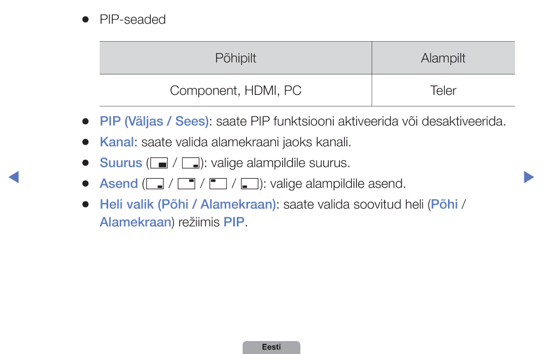 Samsung UE40D5000PWXBT, UE32D5000PWXBT, UE22D5010NWXBT, UE37D5000PWXBT, UE27D5000NWXBT PIP-seaded, Alamekraan režiimis PIP 