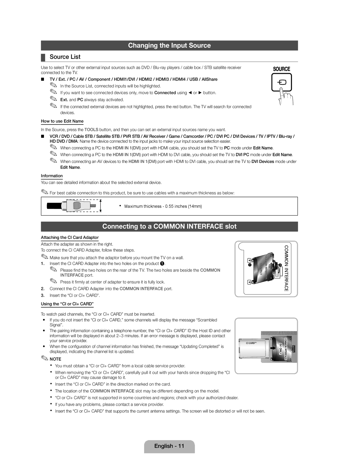 Samsung UE37D5000PWXXH, UE32D5000PWXZG manual Changing the Input Source, Connecting to a Common Interface slot, Source List 