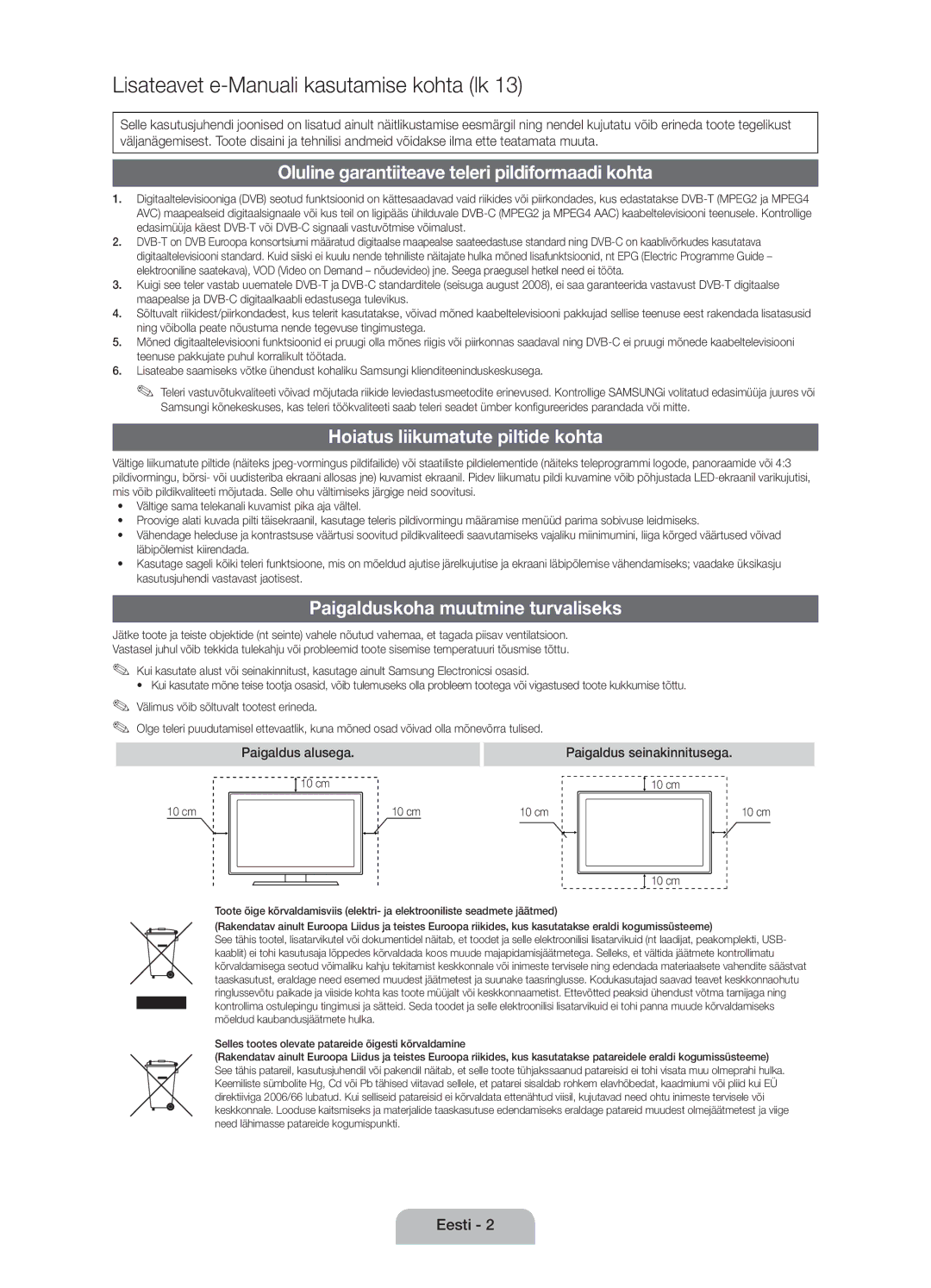 Samsung UE40D5000PWXXH, UE32D5000PWXZG Oluline garantiiteave teleri pildiformaadi kohta, Hoiatus liikumatute piltide kohta 