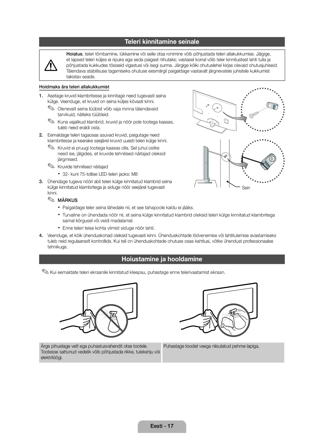 Samsung UE40D5000PWXXH, UE32D5000PWXZG, UE40D5000PWXZT manual Teleri kinnitamine seinale, Hoiustamine ja hooldamine, Kinni 