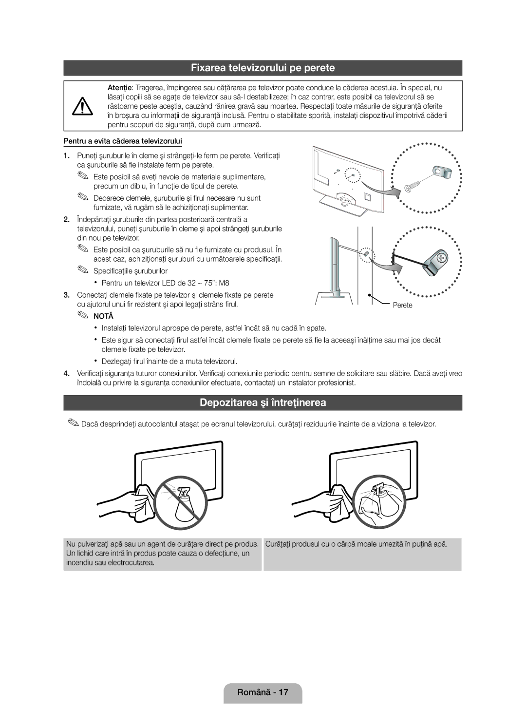 Samsung UE32D5000PWXZT, UE32D5000PWXZG, UE40D5000PWXZT manual Fixarea televizorului pe perete, Depozitarea şi întreţinerea 