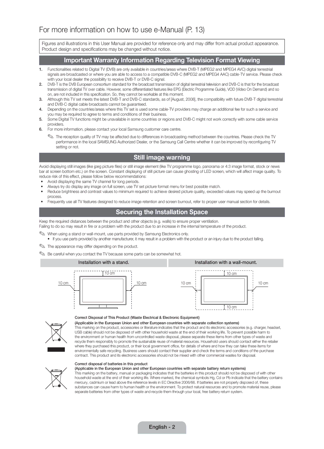 Samsung UE40D5000PWXZG, UE32D5000PWXZG, UE40D5000PWXZT manual Still image warning, Securing the Installation Space, 10 cm 