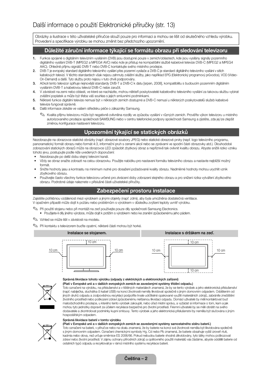 Samsung UE40D5000PWXXH Upozornění týkající se statických obrázků, Zabezpečení prostoru instalace, Instalace se stojanem 