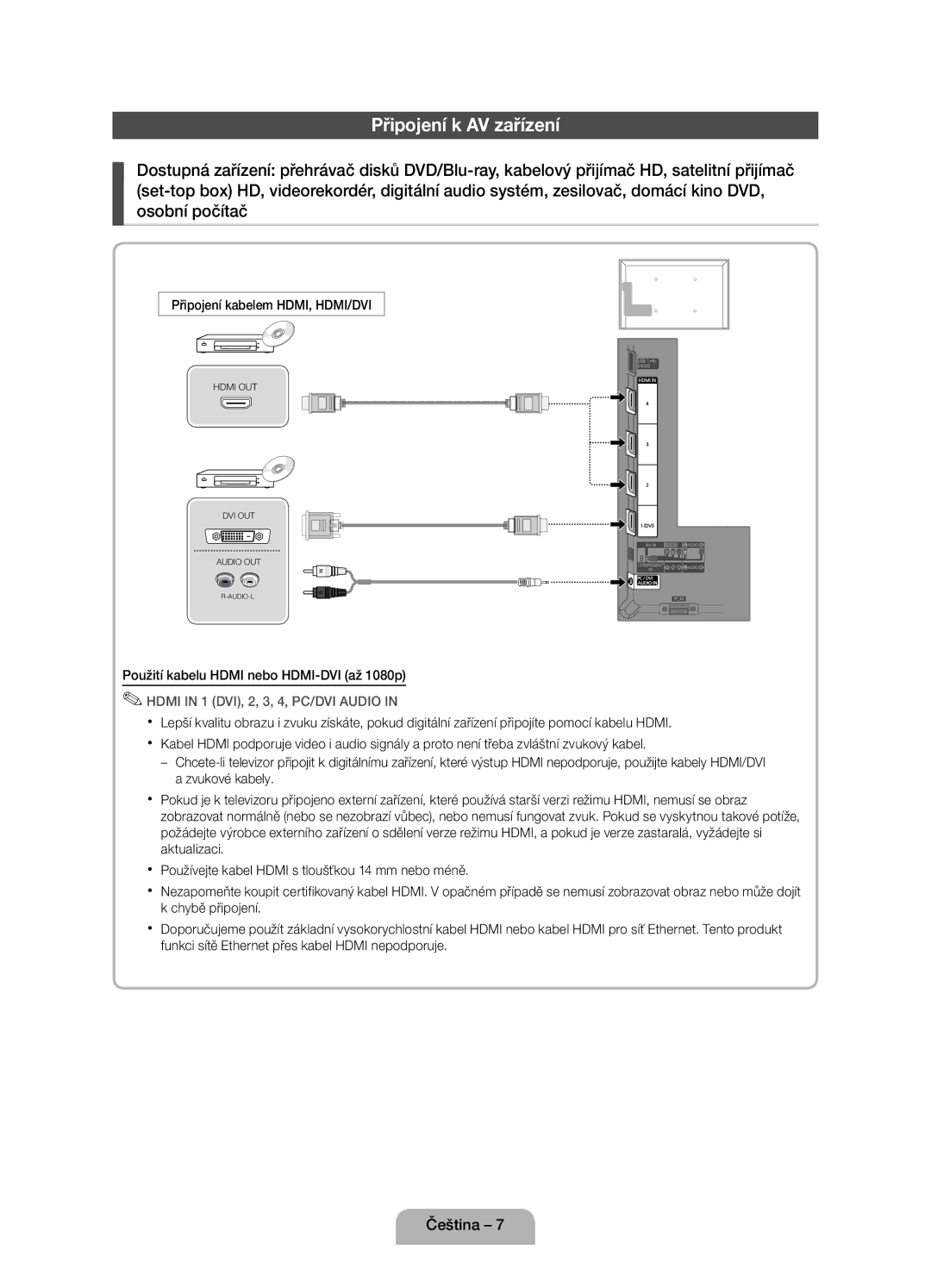 Samsung UE46D5000PWXXH, UE32D5000PWXZG, UE40D5000PWXZT manual Připojení k AV zařízení, Připojení kabelem HDMI, HDMI/DVI 