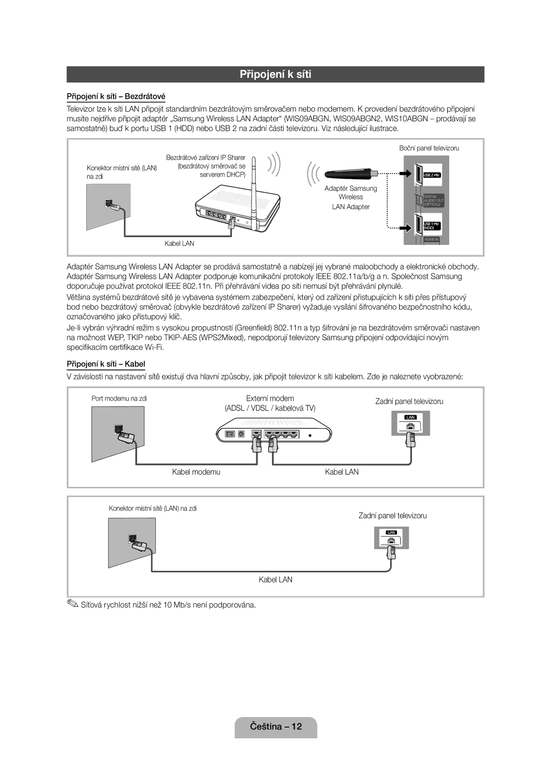 Samsung UE32D5000PWXZG manual Připojení k síti Bezdrátové, Označovaného jako přístupový klíč, Připojení k síti Kabel 