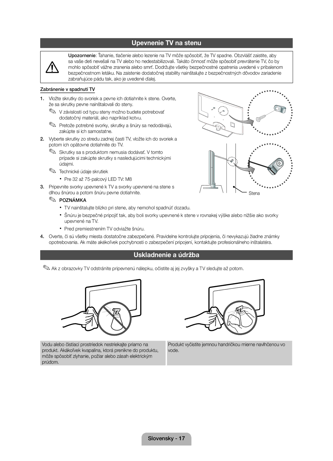 Samsung UE32D5000PWXZT, UE32D5000PWXZG, UE40D5000PWXZT, UE40D5000PWXZG manual Upevnenie TV na stenu, Uskladnenie a údržba 