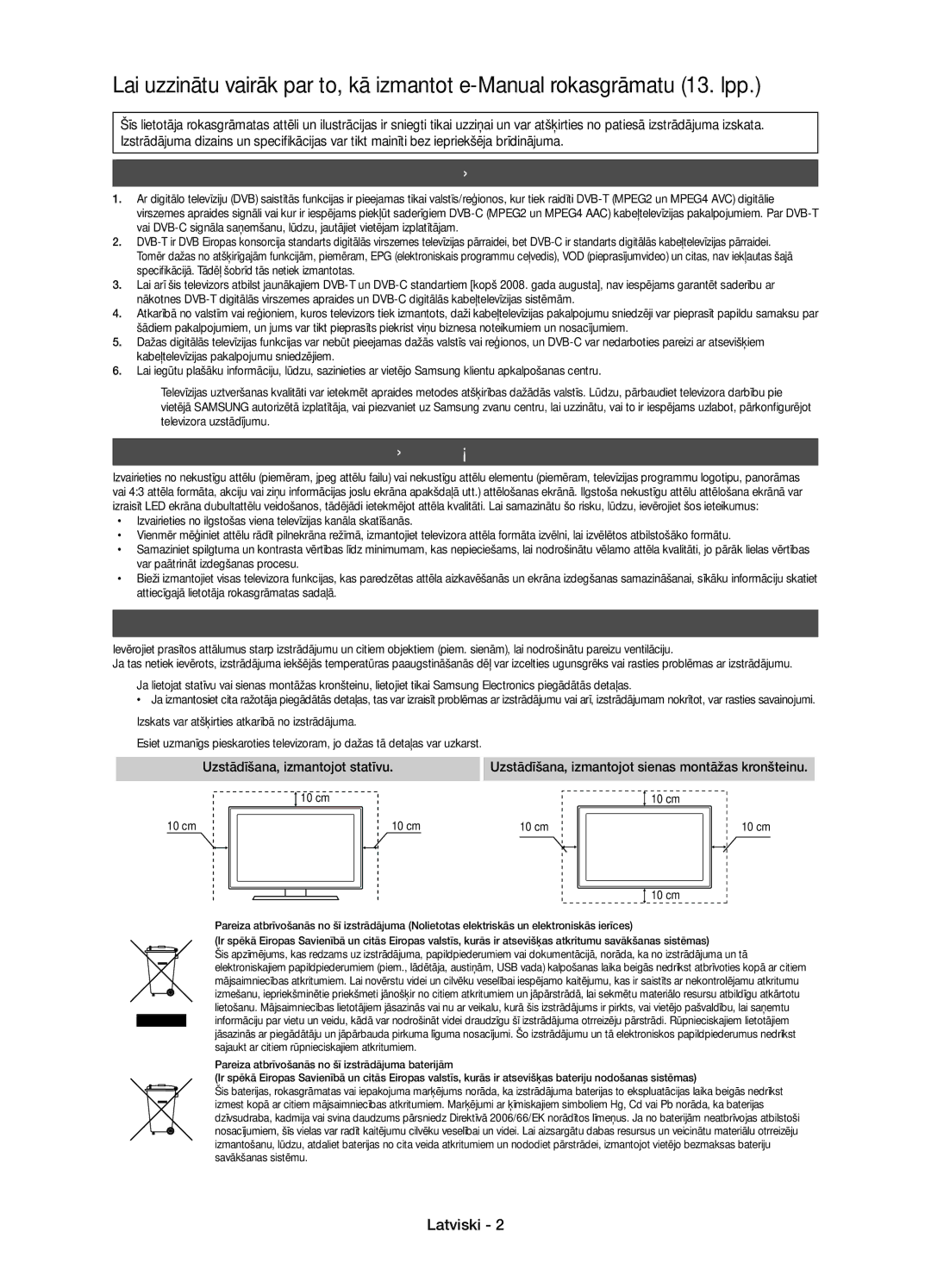 Samsung UE46D5000PWXBT, UE32D5000PWXZG manual Brīdinājums par nekustīgiem attēliem, Uzstādīšanas vietas nodrošināšana 