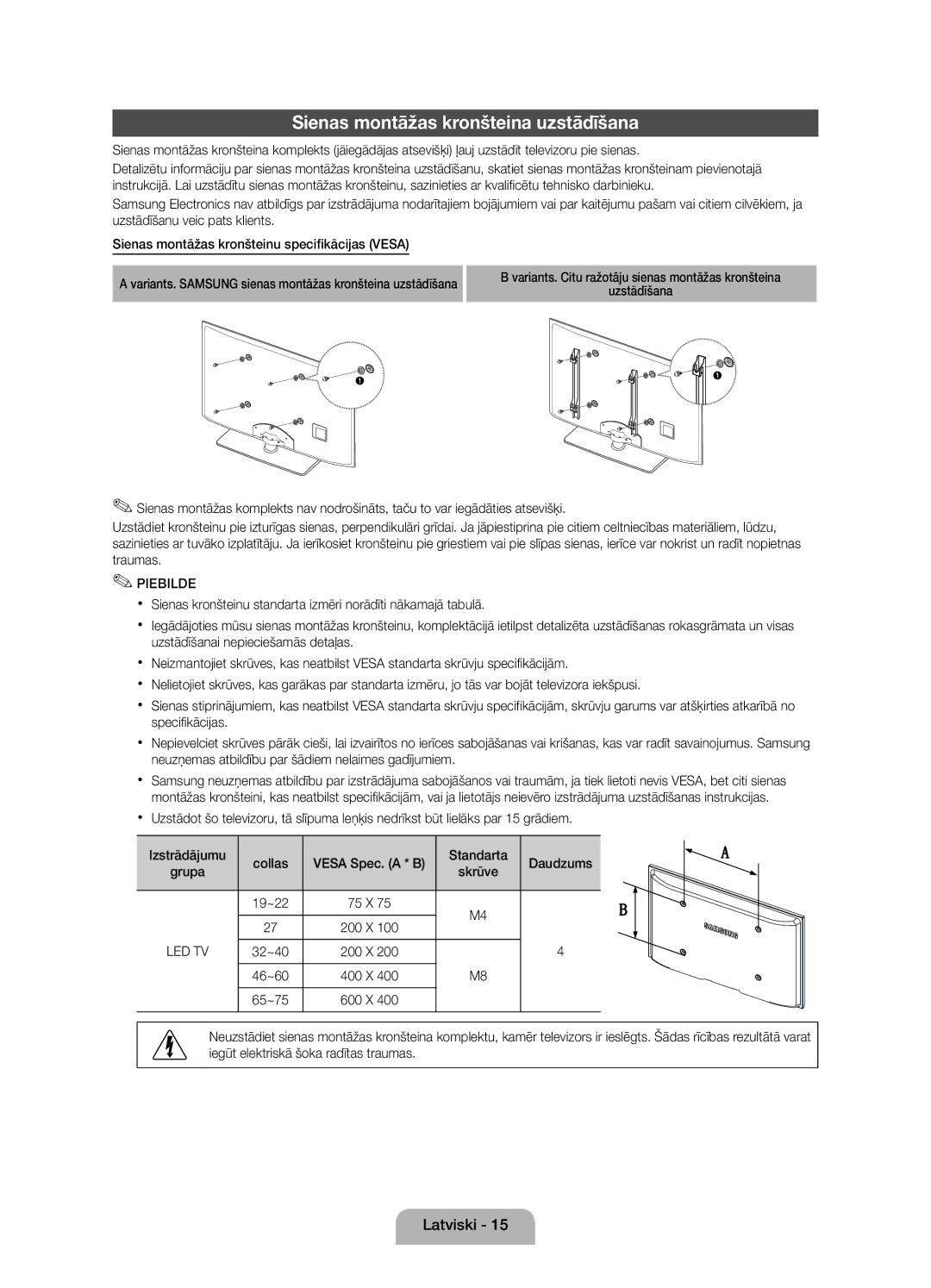 Samsung UE37D5000PWXBT, UE32D5000PWXZG, UE40D5000PWXZT manual Sienas montāžas kronšteina uzstādīšana, 19~22 75 X 200 X 