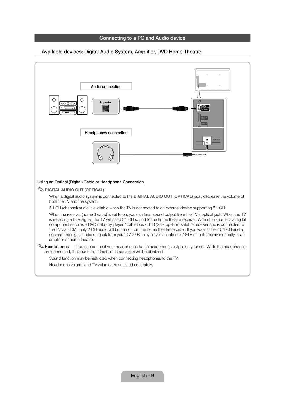 Samsung UE32D5000PWXXH, UE32D5000PWXZG, UE40D5000PWXZT, UE40D5000PWXZG Connecting to a PC and Audio device, Audio connection 