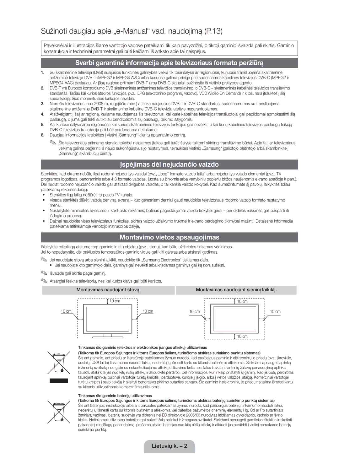 Samsung UE40D5000PWXZG, UE32D5000PWXZG, UE40D5000PWXZT manual Įspėjimas dėl nejudančio vaizdo, Montavimo vietos apsaugojimas 