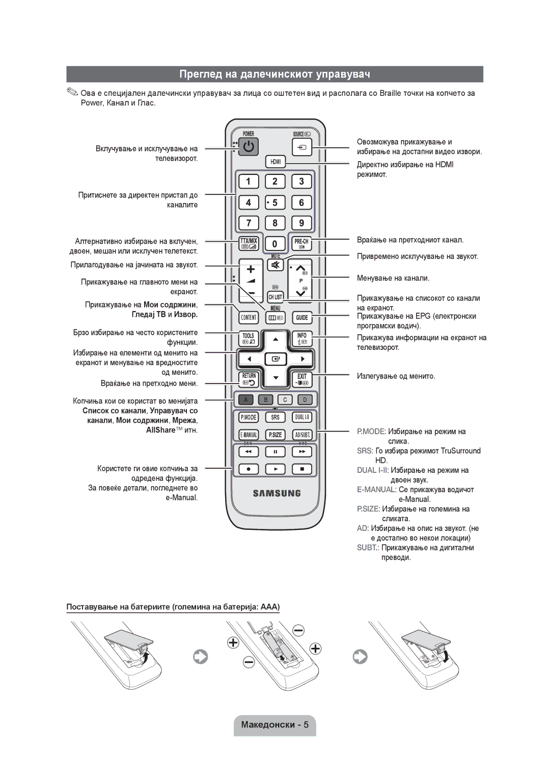 Samsung UE32D5000PWXZT manual Преглед на далечинскиот управувач, Режимот, Поставување на батериите големина на батерија AAA 