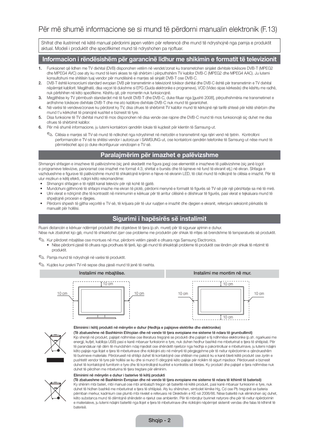 Samsung UE32D5000PWXZT, UE32D5000PWXZG manual Paralajmërim për imazhet e palëvizshme, Sigurimi i hapësirës së instalimit 