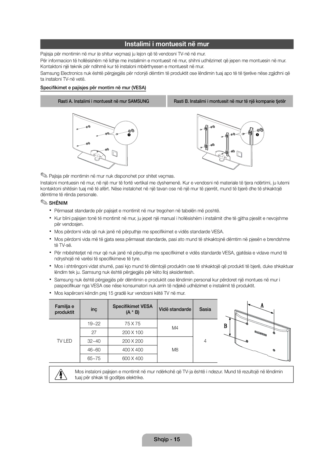 Samsung UE46D5000PWXZT, UE32D5000PWXZG, UE40D5000PWXZT, UE40D5000PWXZG manual Instalimi i montuesit në mur, 19~22 75 X 200 X 