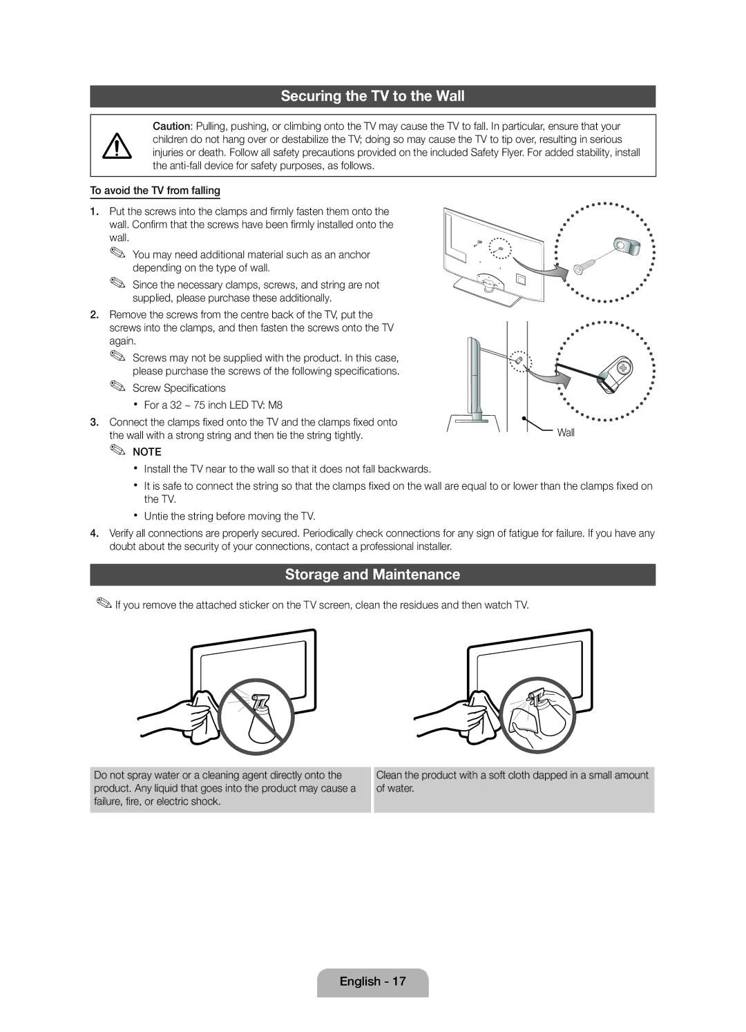 Samsung UE40D5000PWXZG manual Securing the TV to the Wall, Storage and Maintenance, To avoid the TV from falling, Again 