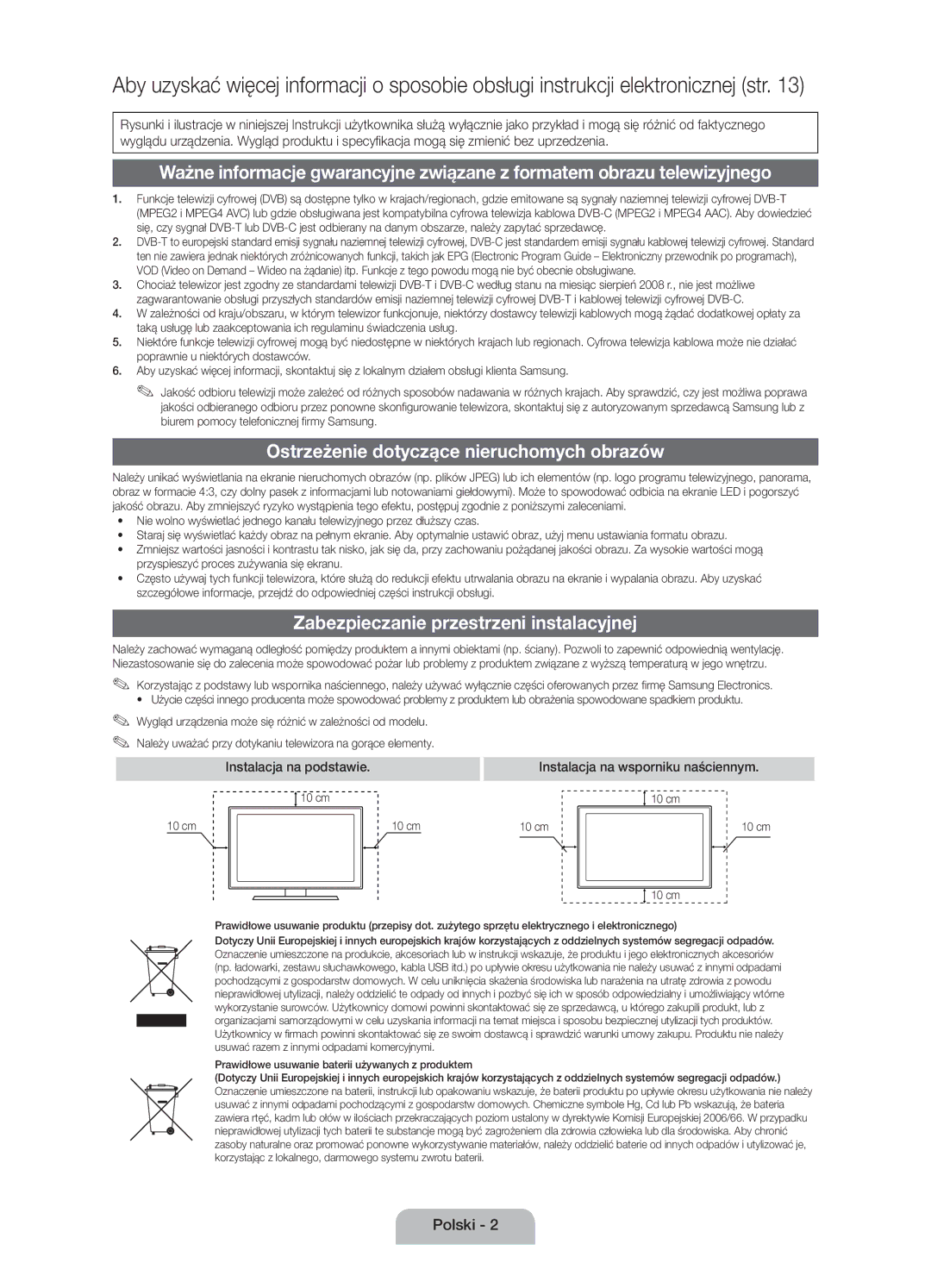 Samsung UE40D5000PWXXH manual Ostrzeżenie dotyczące nieruchomych obrazów, Zabezpieczanie przestrzeni instalacyjnej 