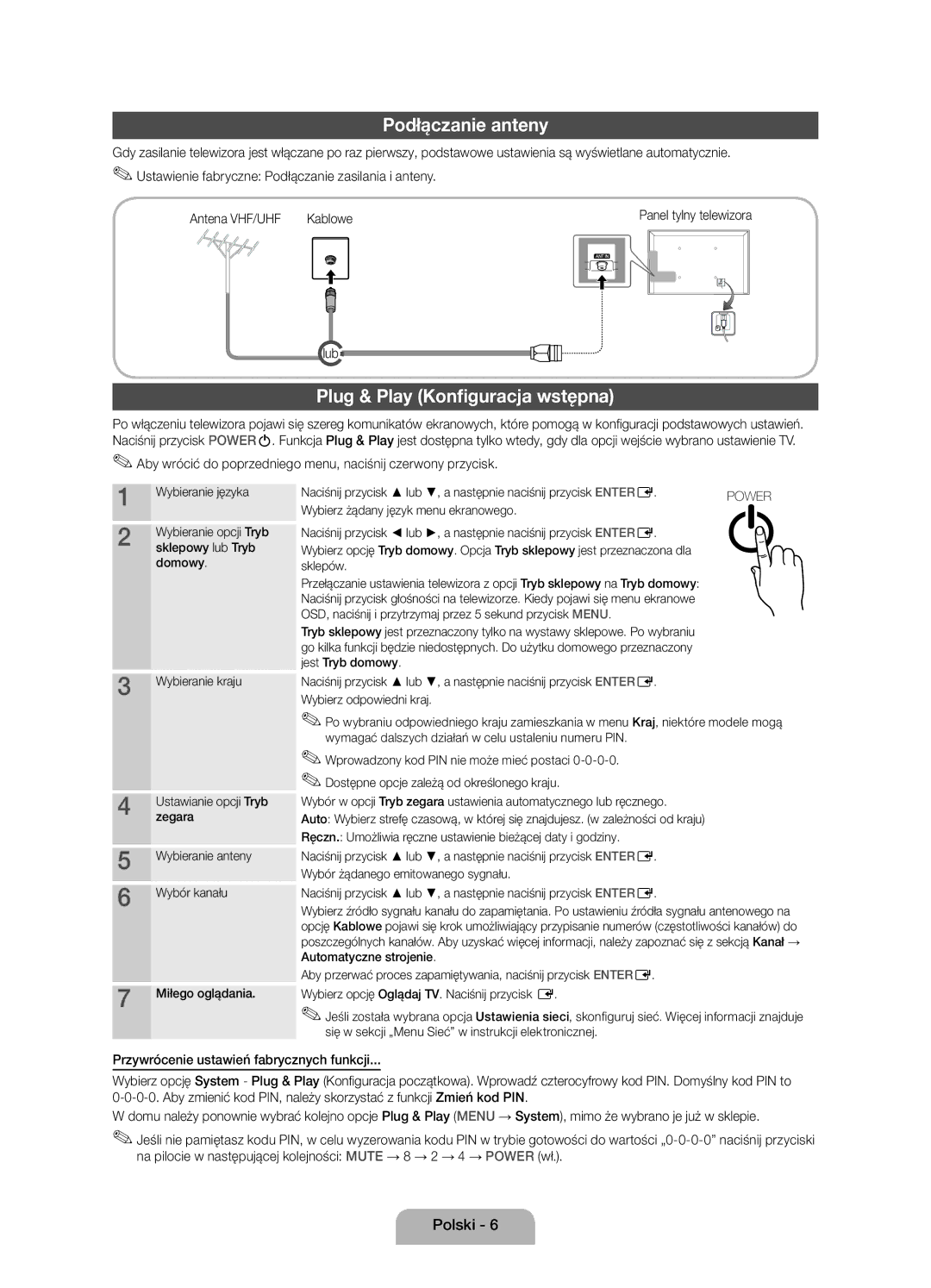 Samsung UE32D5000PWXXH, UE32D5000PWXZG manual Podłączanie anteny, Plug & Play Konfiguracja wstępna, Lub, Miłego oglądania 