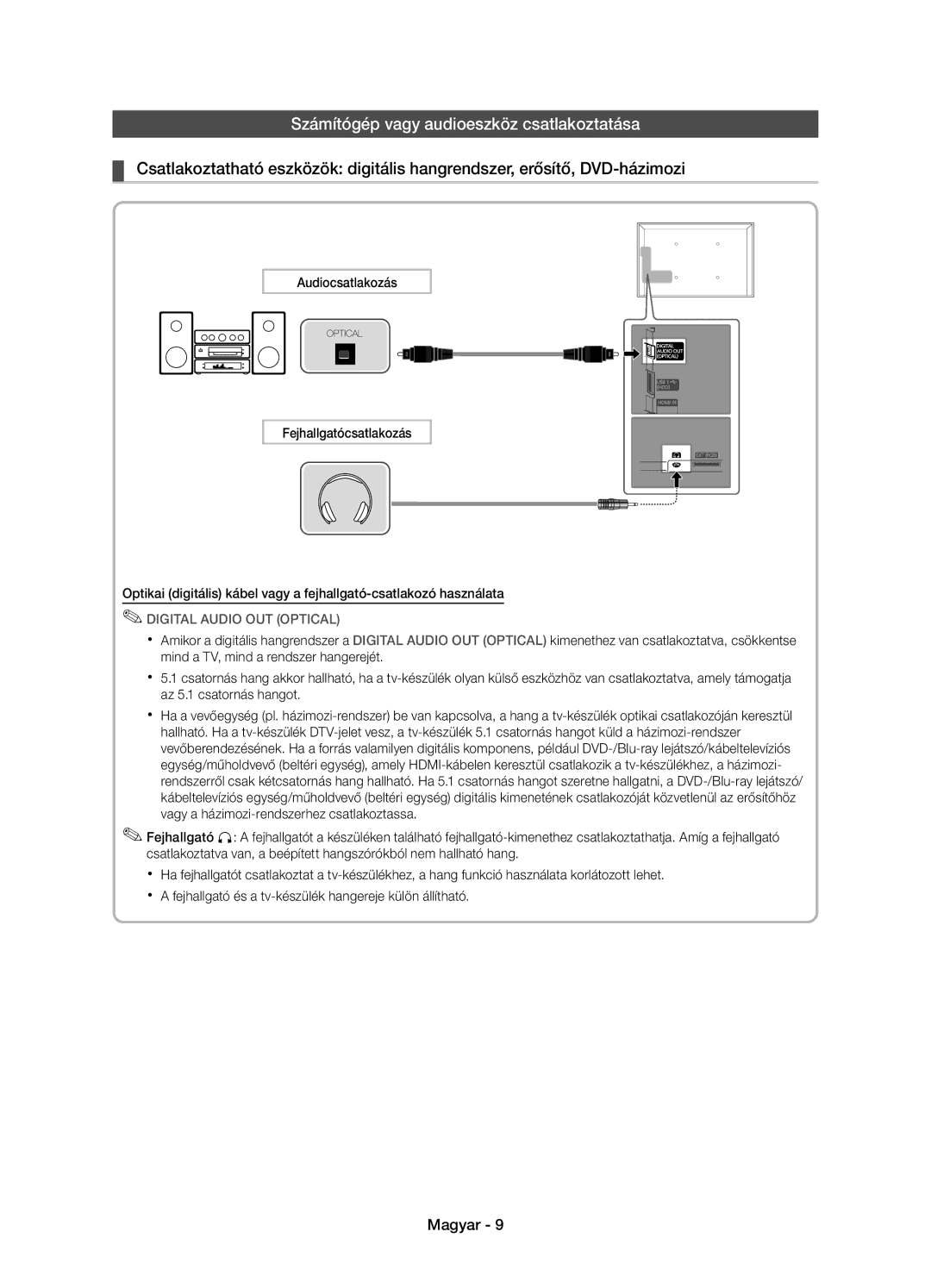 Samsung UE46D5000PWXZG, UE32D5000PWXZG, UE40D5000PWXZT manual Számítógép vagy audioeszköz csatlakoztatása, Audiocsatlakozás 