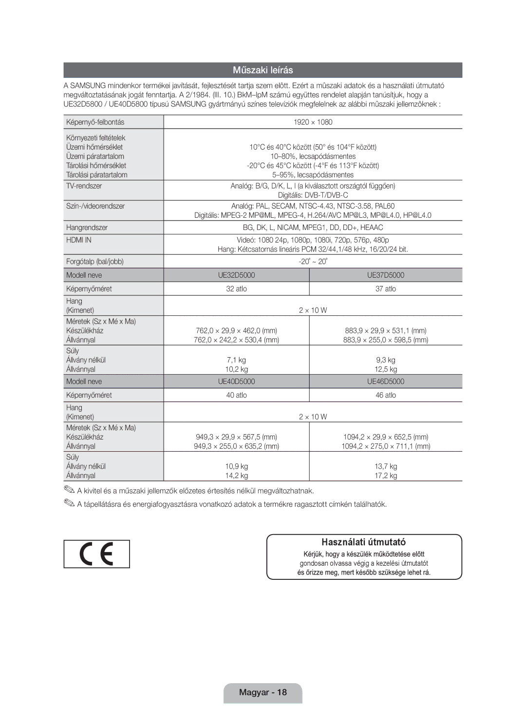 Samsung UE37D5000PWXBT, UE32D5000PWXZG, UE40D5000PWXZT, UE40D5000PWXZG, UE46D5000PWXZG, UE37D5000PWXZG manual Műszaki leírás 