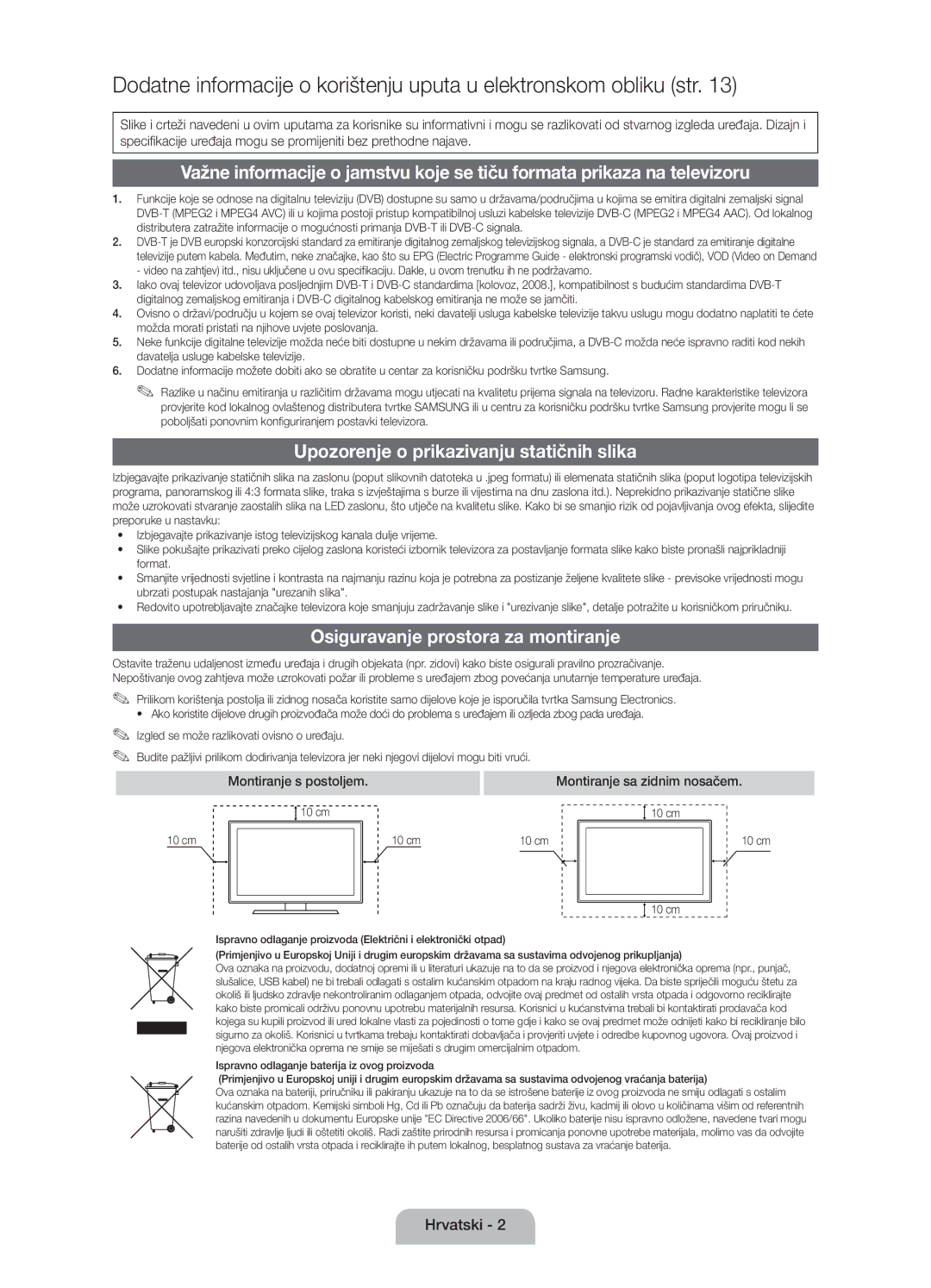 Samsung UE40D5000PWXZG, UE32D5000PWXZG manual Upozorenje o prikazivanju statičnih slika, Osiguravanje prostora za montiranje 