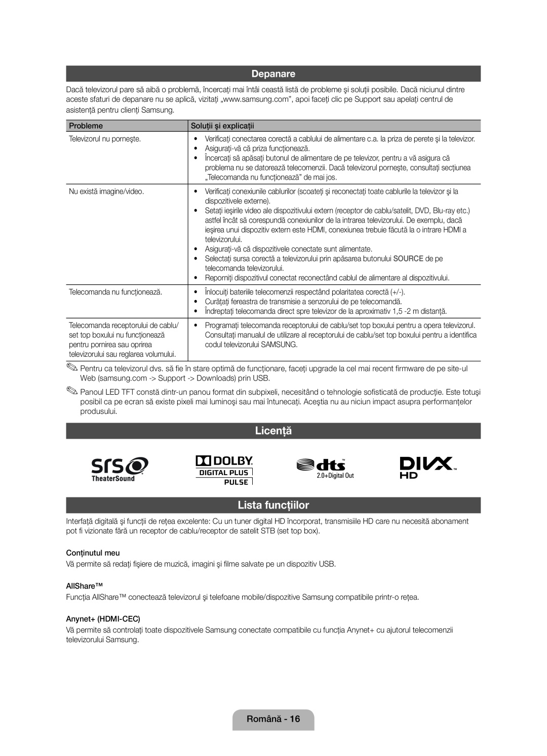 Samsung UE32D5000PWXBT, UE32D5000PWXZG, UE40D5000PWXZT, UE40D5000PWXZG, UE46D5000PWXZG Licenţă Lista funcţiilor, Depanare 