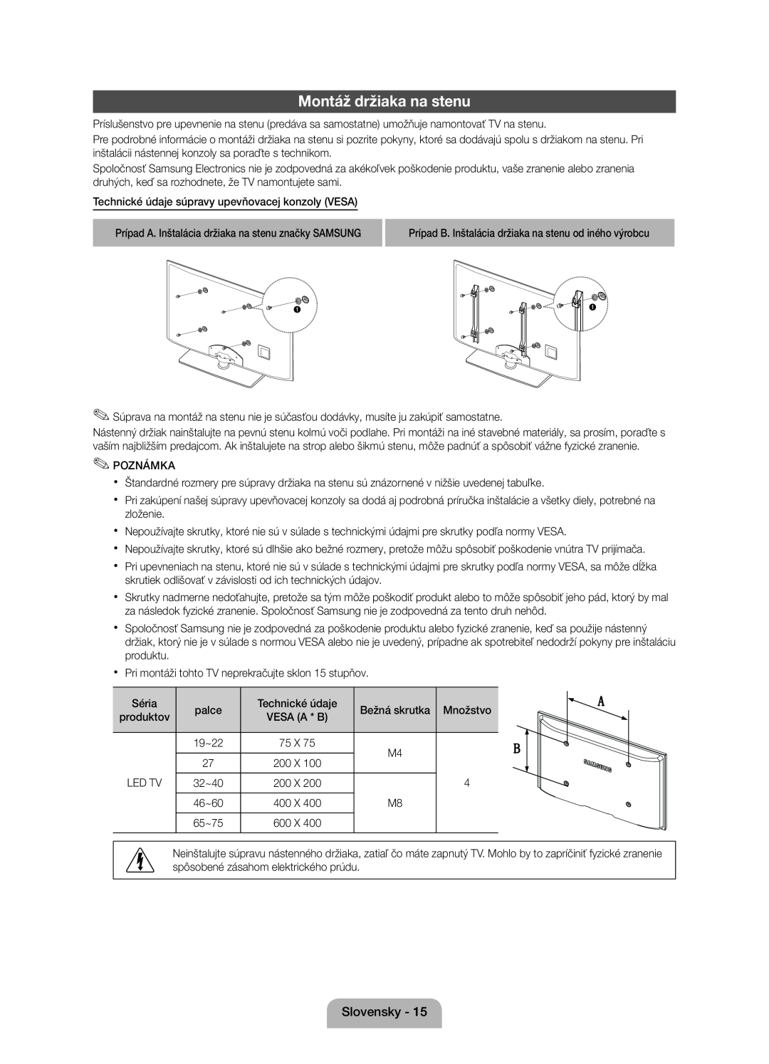 Samsung UE46D5000PWXZT, UE32D5000PWXZG, UE40D5000PWXZT, UE40D5000PWXZG, UE46D5000PWXZG Montáž držiaka na stenu, Slovensky 