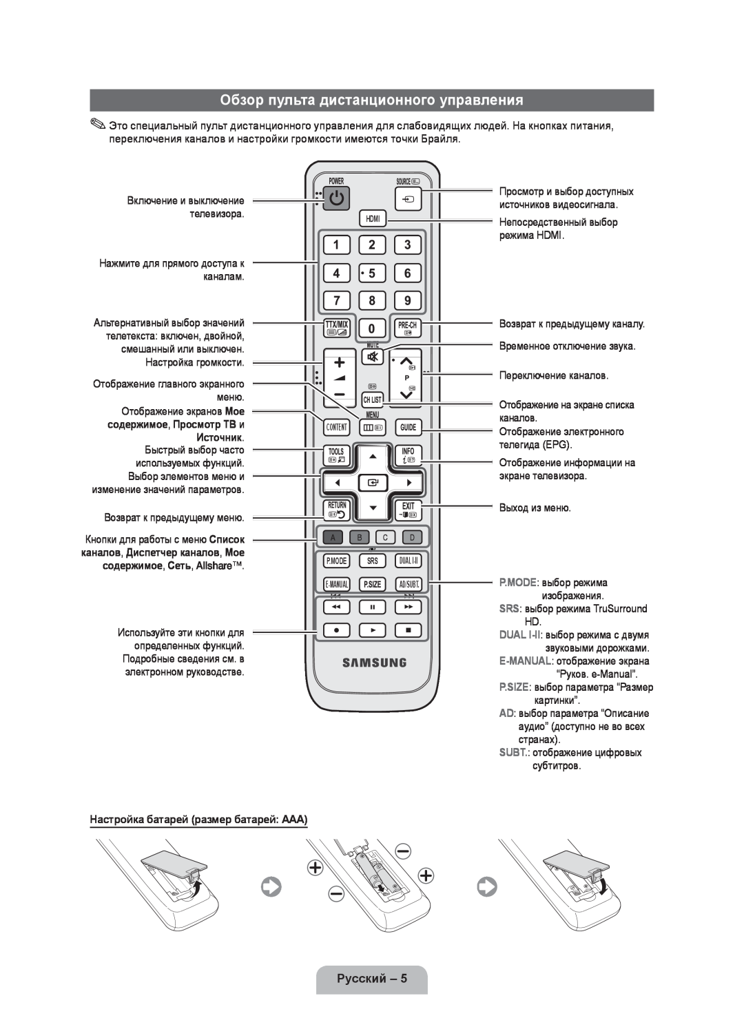Samsung UE46D5000PWXBT manual Обзор пульта дистанционного управления, Русский, Настройка батарей размер батарей AAA 