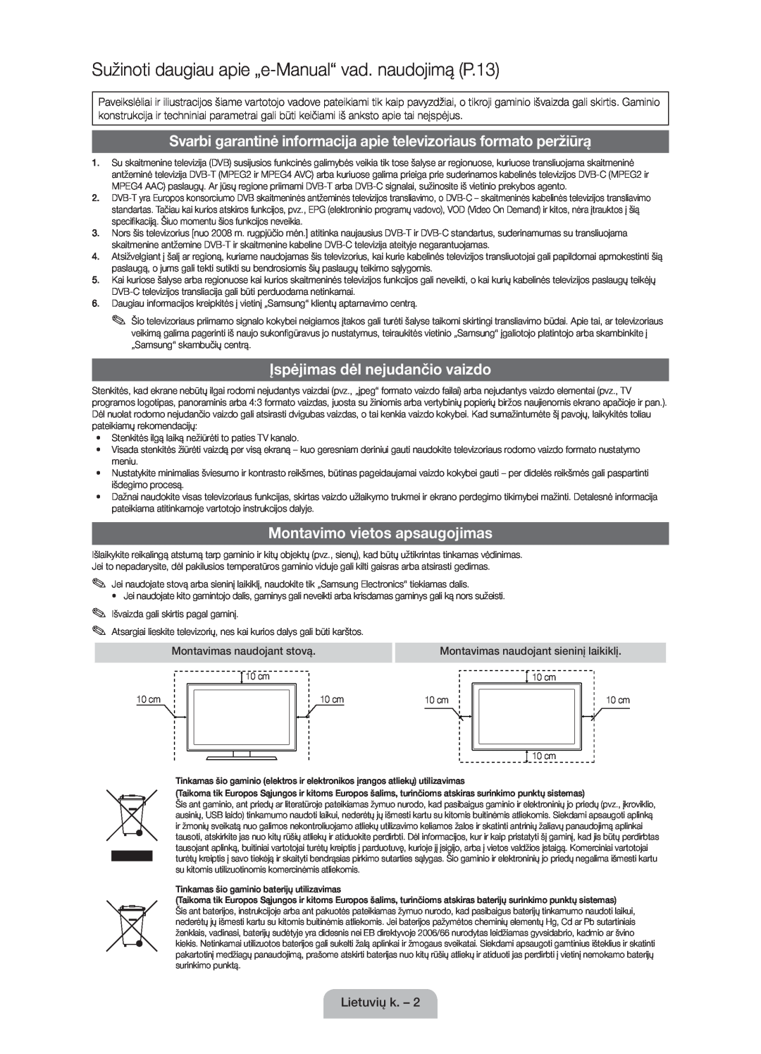 Samsung UE40D5000PWXZG manual Sužinoti daugiau apie „e-Manual“ vad. naudojimą P.13, Įspėjimas dėl nejudančio vaizdo 