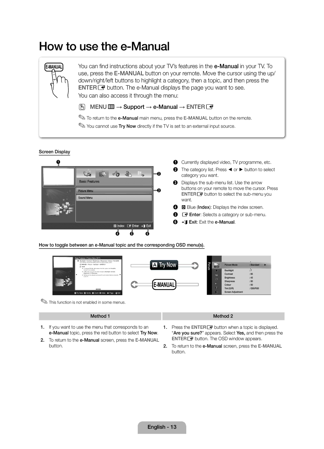 Samsung UE40D5800VWXXC, UE32D5800VWXXC Screen Display, Method, To return to the e-Manual screen, press the E-MANUALbutton 