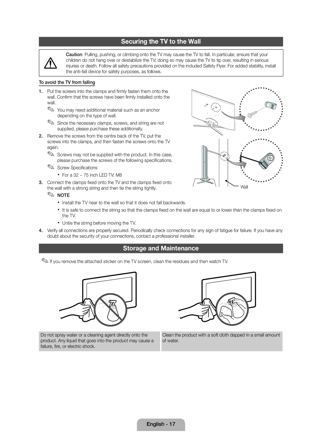 Samsung UE40D5800VWXXC manual Securing the TV to the Wall, Storage and Maintenance, To avoid the TV from falling, Again 