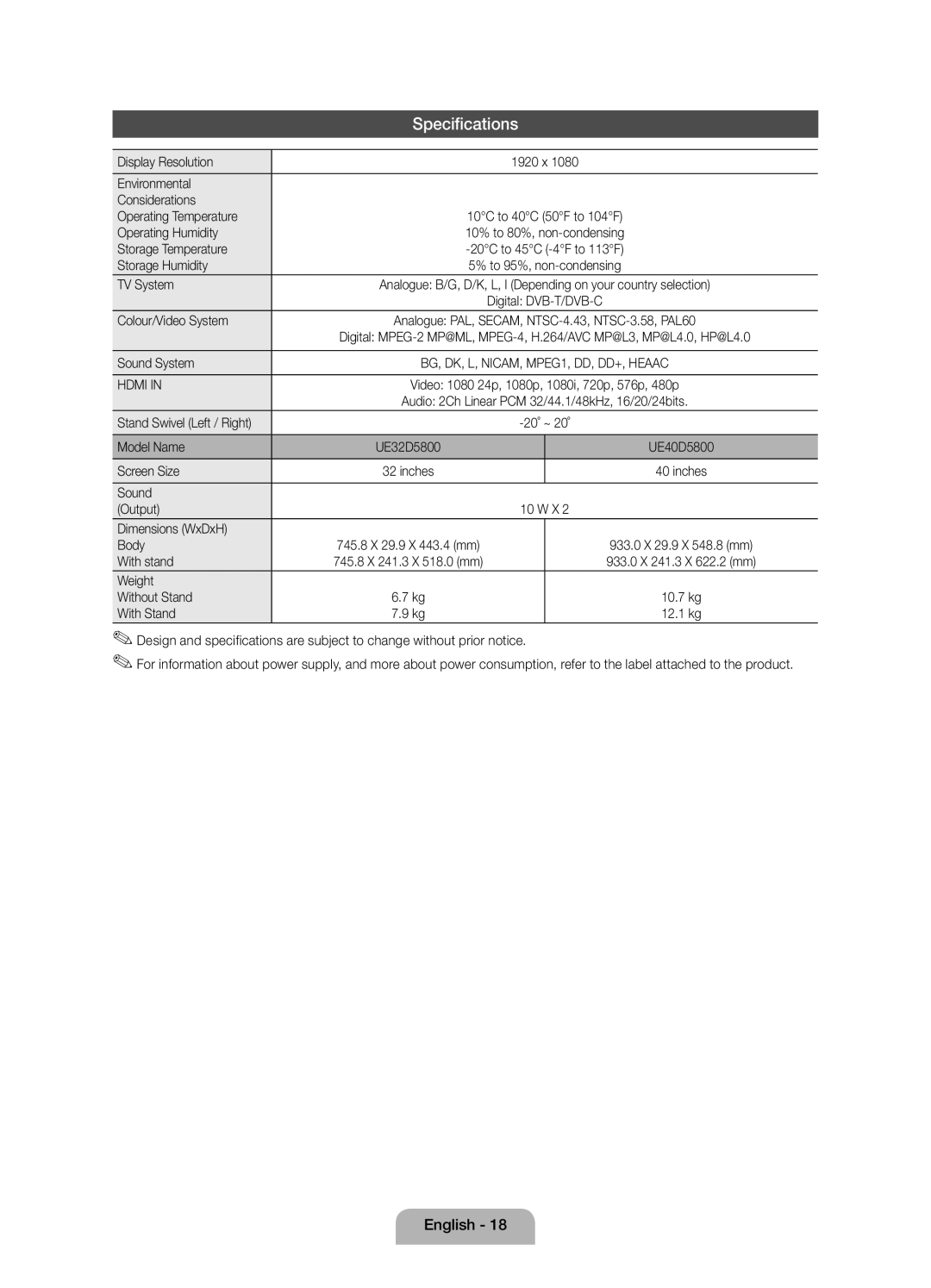 Samsung UE32D5800VWXXC manual Display Resolution, Environmental Considerations Operating Temperature, Operating Humidity 