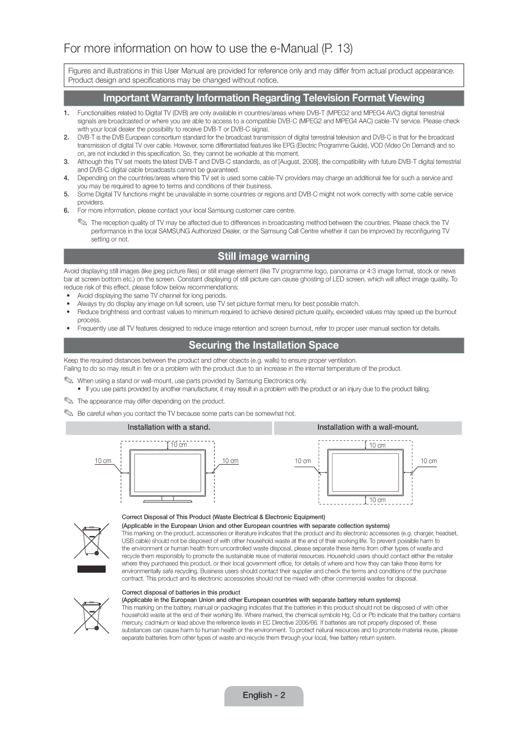 Samsung UE32D5800VWXXC, UE40D5800VWXXC manual Still image warning, Securing the Installation Space, 10 cm 