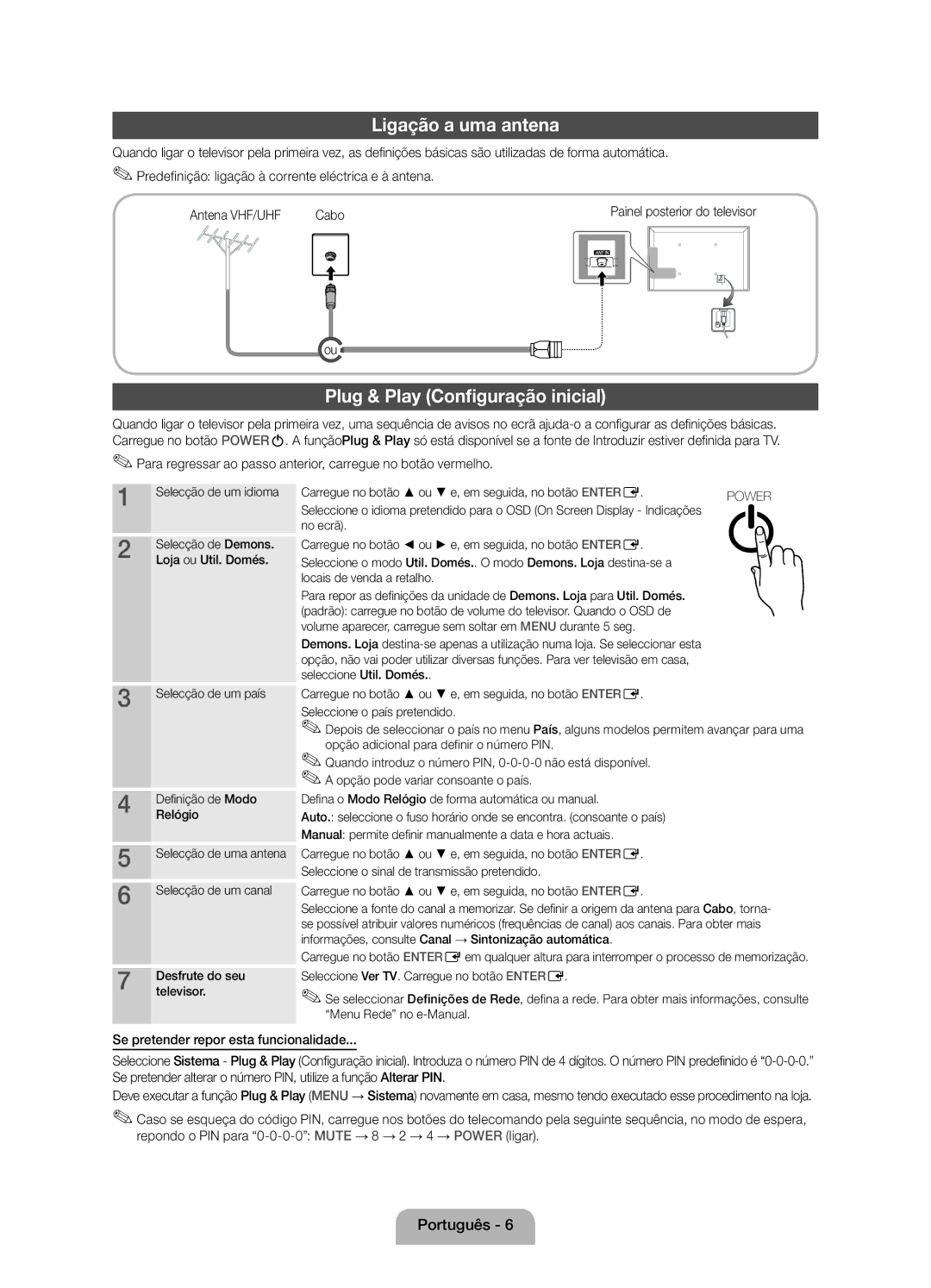 Samsung UE32D5800VWXXC, UE40D5800VWXXC manual Ligação a uma antena, Plug & Play Configuração inicial 