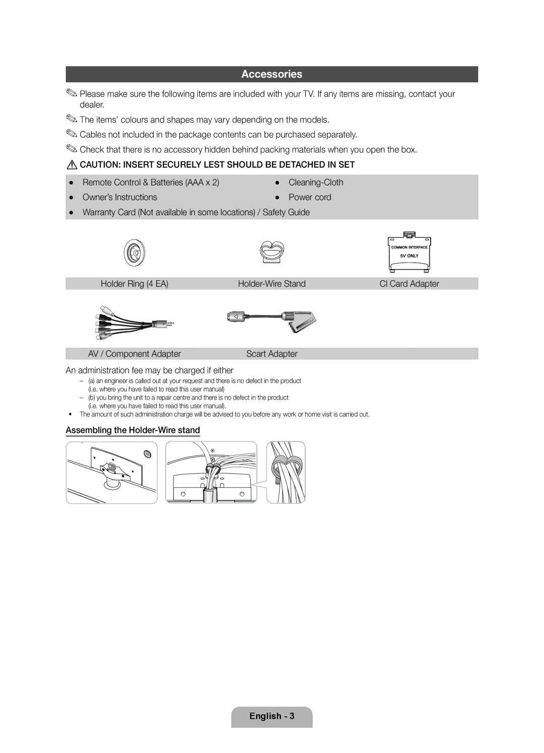 Samsung UE40D6000TWXXC, UE32D6000TWXXC manual Accessories, AV / Component Adapter, Assembling the Holder-Wire stand 