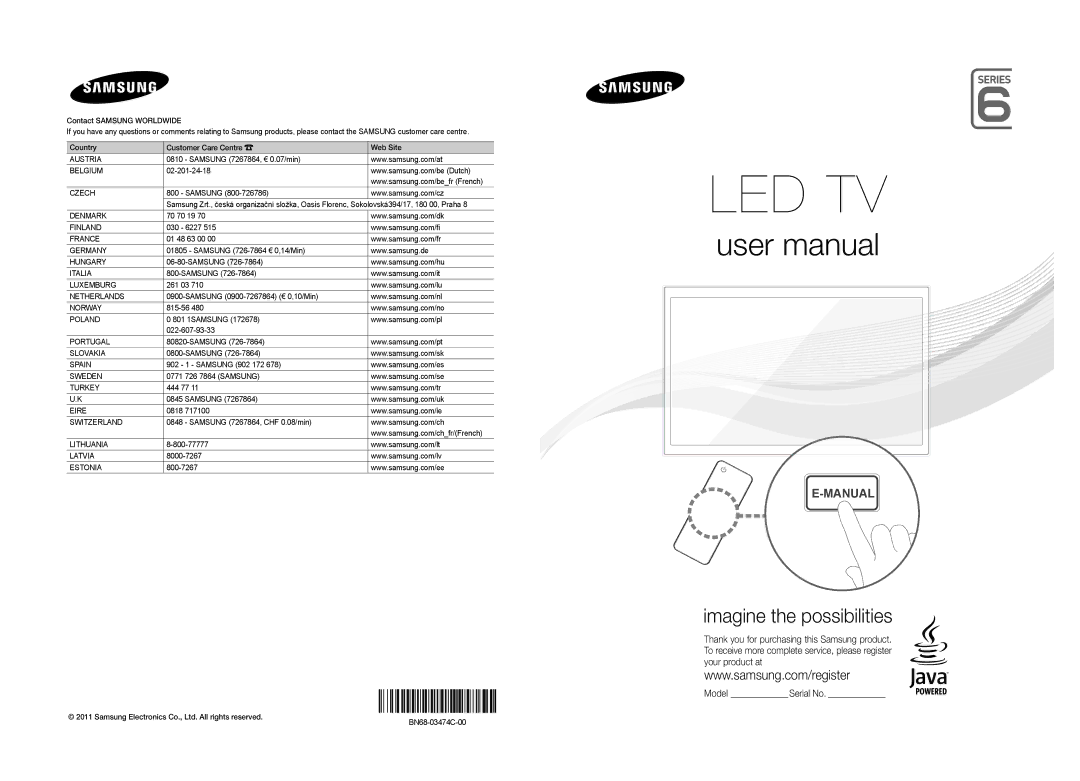 Samsung UE55D6100SPXZT, UE32D6100SPXZT, UE46D6100SPXZT, UE40D6100SPXZT, UE37D6100SPXZT manual Czech, BN68-03474C-00 