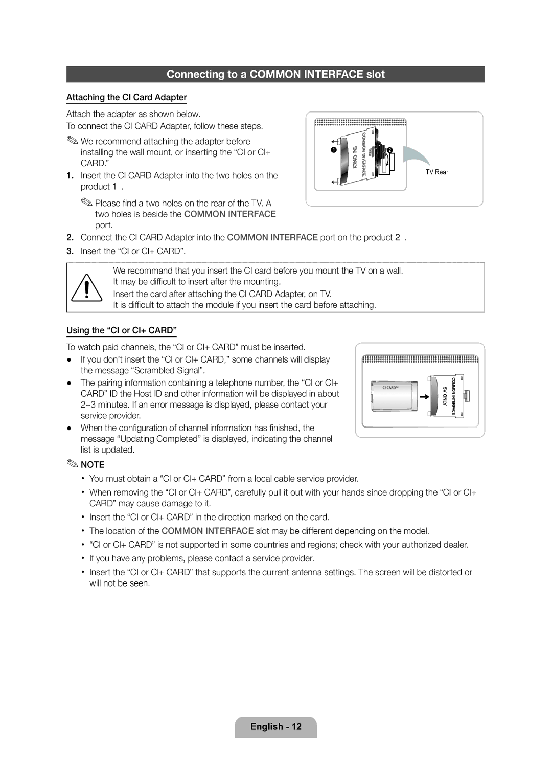 Samsung UE46D6100SPXZT, UE32D6100SPXZT, UE55D6100SPXZT, UE40D6100SPXZT manual Connecting to a Common Interface slot, Mounting 