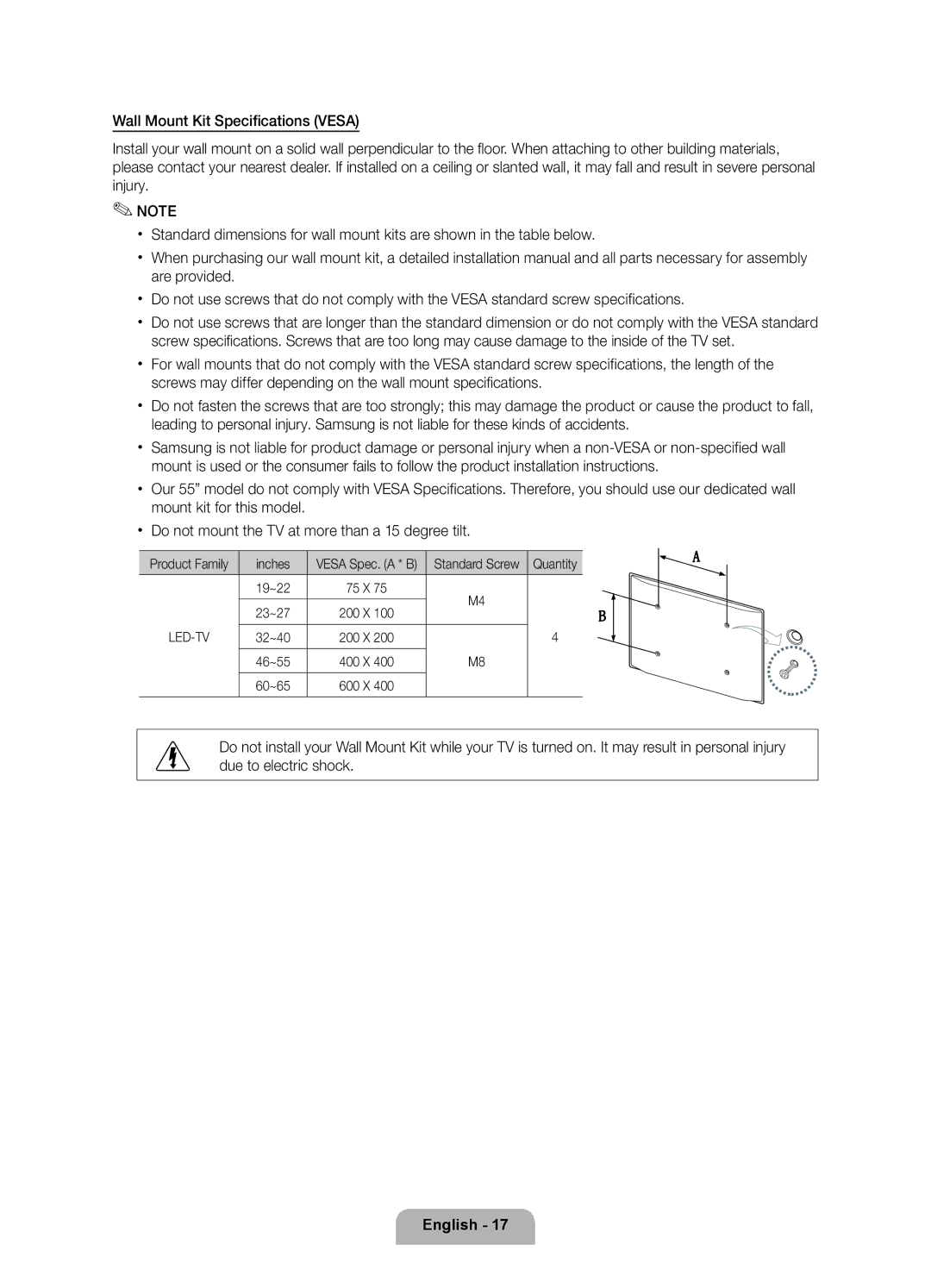 Samsung UE46D6100SPXZT, UE32D6100SPXZT, UE55D6100SPXZT Vesa Spec. a * B Standard Screw Quantity, 75 X, 200 X, 400 X, 600 X 