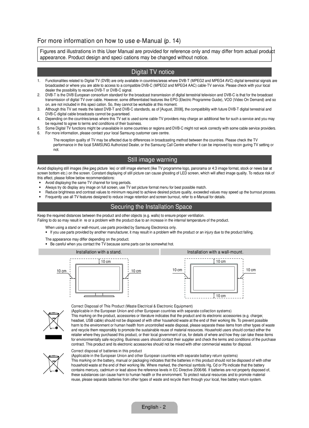 Samsung UE46D6100SPXZT manual For more information on how to use e-Manual p, Digital TV notice, Still image warning, 10 cm 