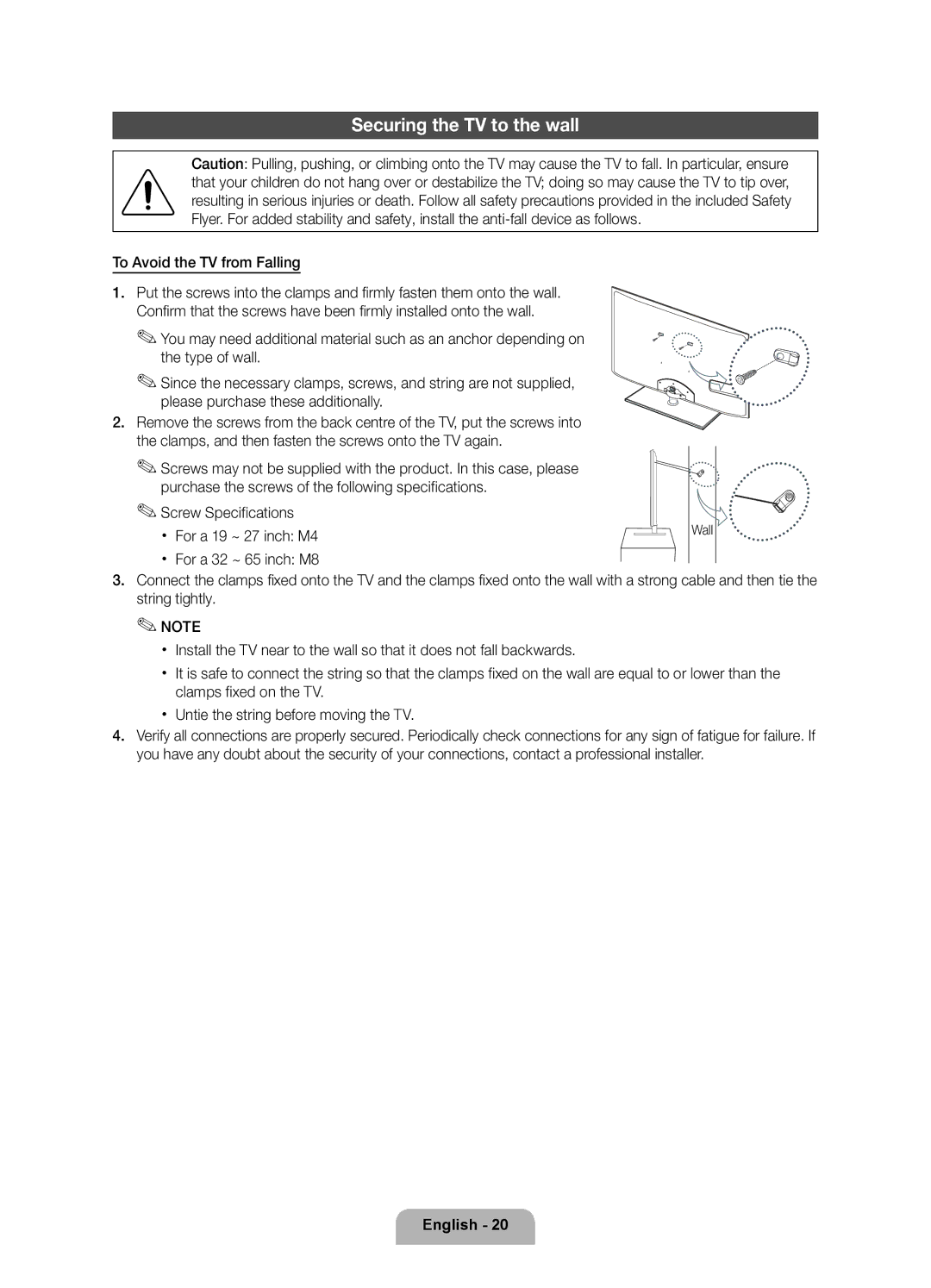 Samsung UE32D6100SPXZT, UE55D6100SPXZT, UE46D6100SPXZT, UE40D6100SPXZT, UE37D6100SPXZT manual Securing the TV to the wall 