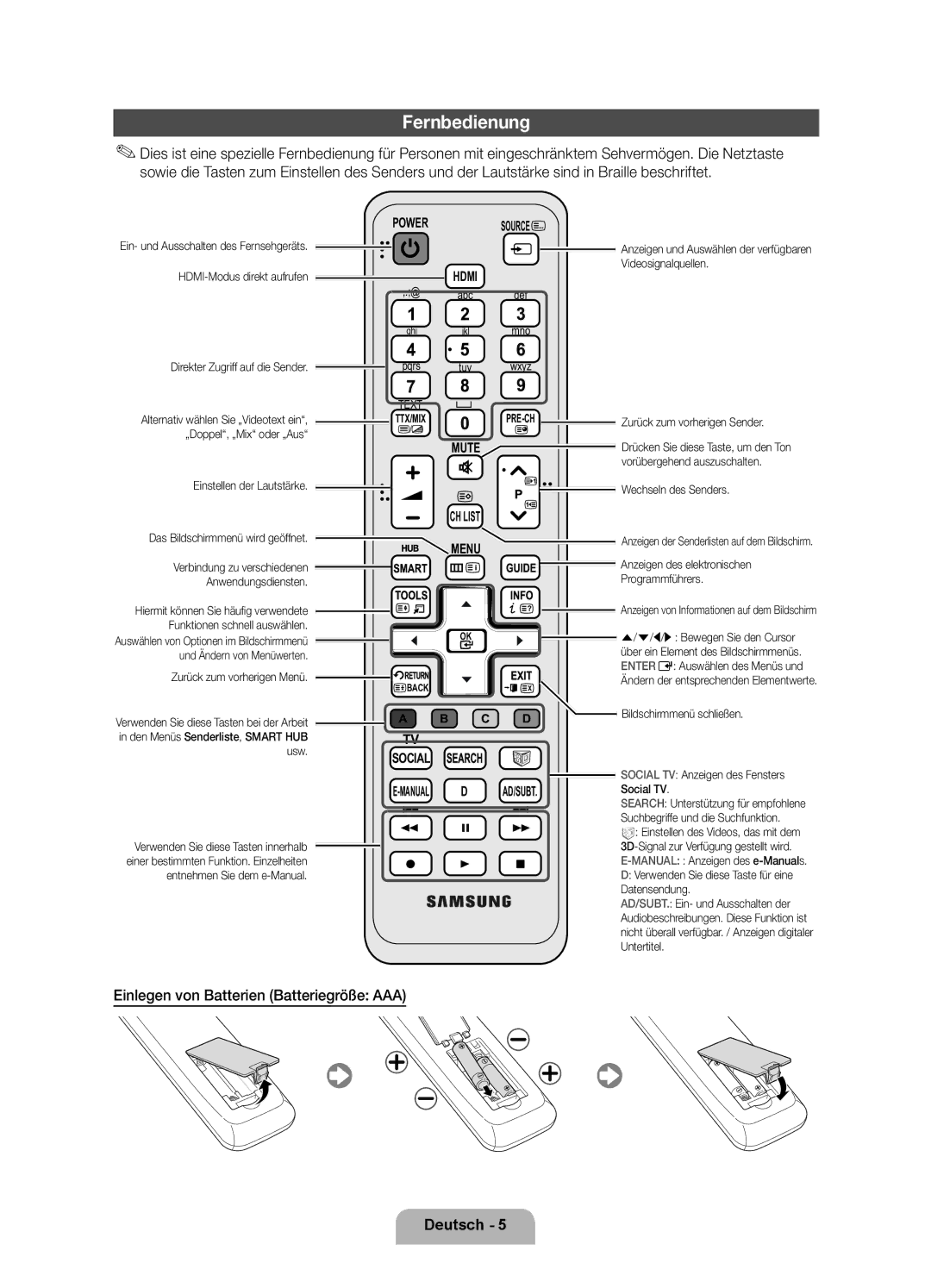 Samsung UE46D6100SPXZT, UE32D6100SPXZT, UE55D6100SPXZT manual Fernbedienung, Einlegen von Batterien Batteriegröße AAA 