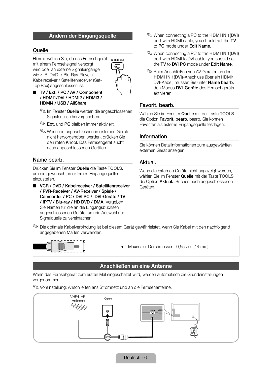 Samsung UE40D6100SPXZT, UE32D6100SPXZT, UE55D6100SPXZT manual Ändern der Eingangsquelle, Anschließen an eine Antenne 