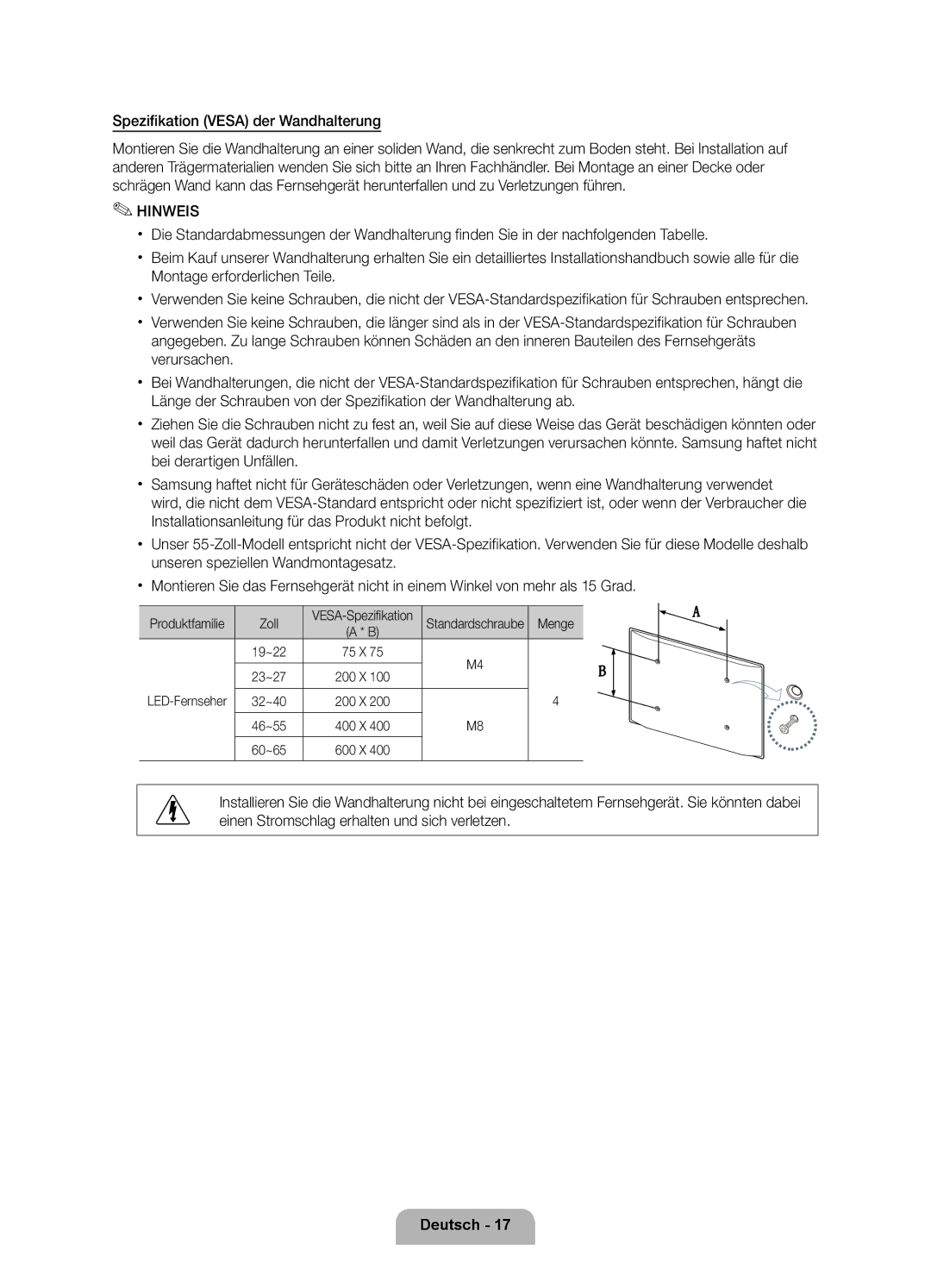 Samsung UE37D6100SPXZT Spezifikation Vesa der Wandhalterung, VESA-Spezifikation Standardschraube, 19~22 75 X 23~27 200 X 