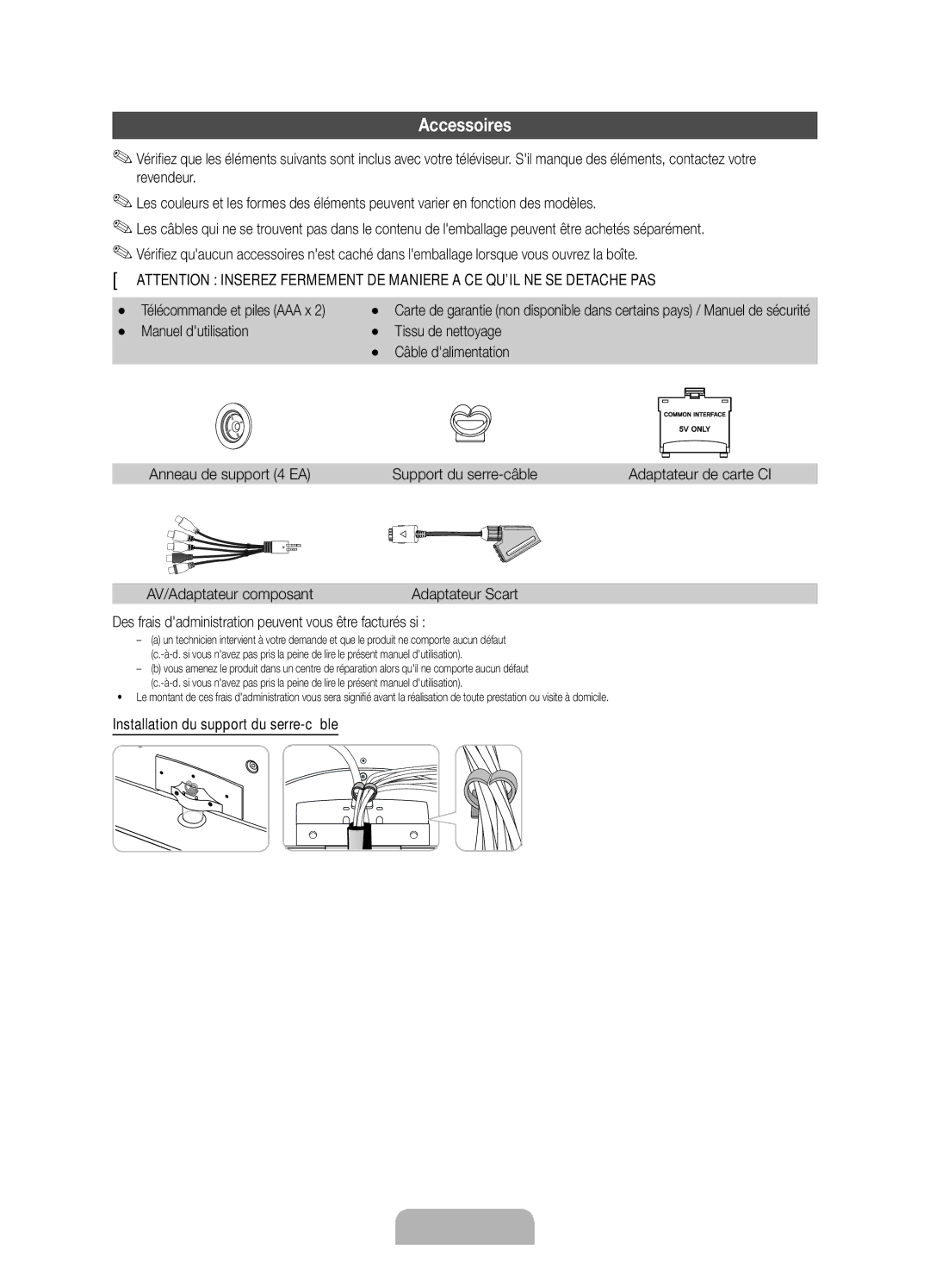 Samsung UE32D6100SPXZT, UE55D6100SPXZT, UE46D6100SPXZT, UE40D6100SPXZT Accessoires, Installation du support du serre-câble 