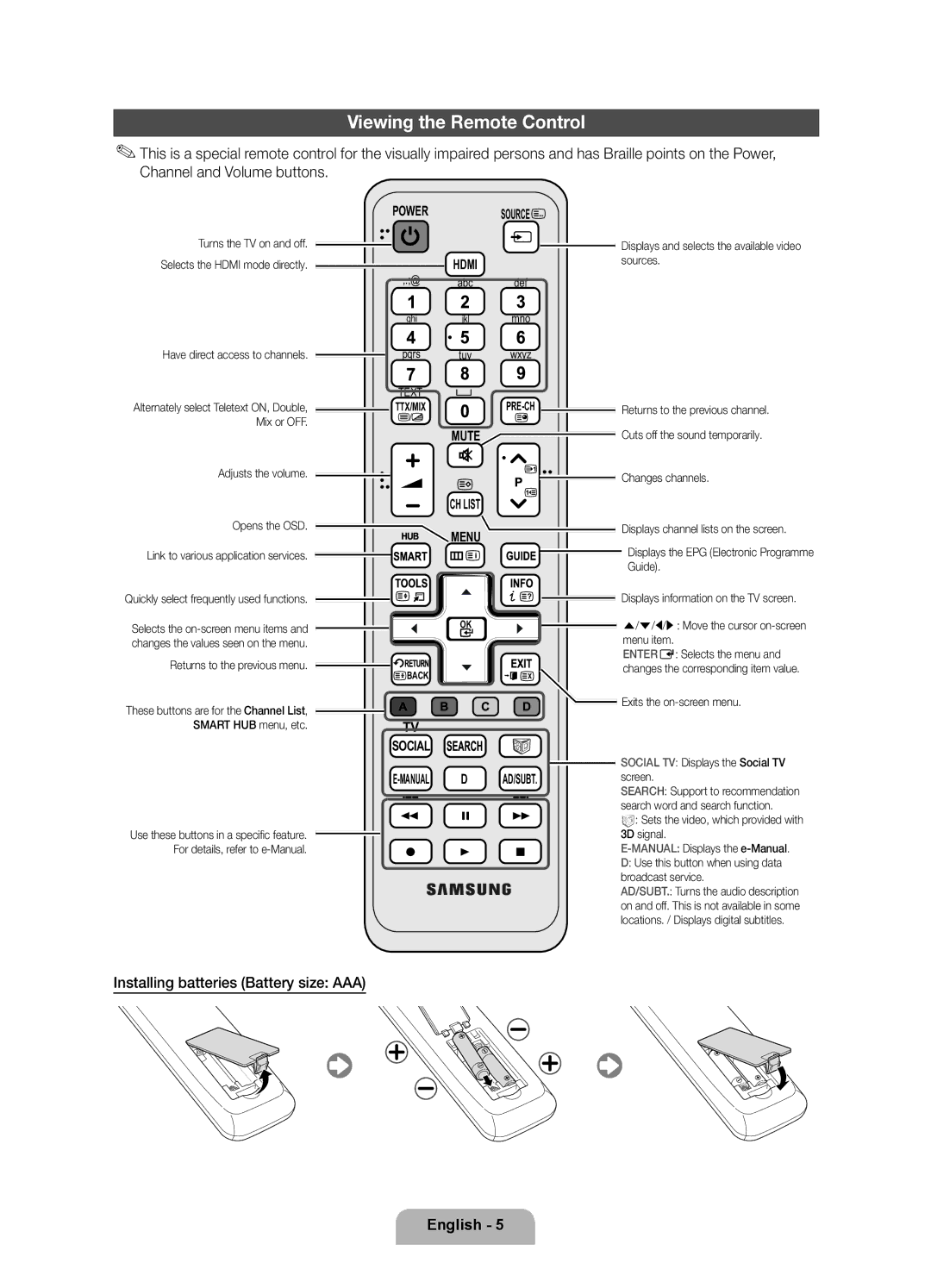 Samsung UE32D6100SPXZT, UE55D6100SPXZT, UE46D6100SPXZT Viewing the Remote Control, Installing batteries Battery size AAA 