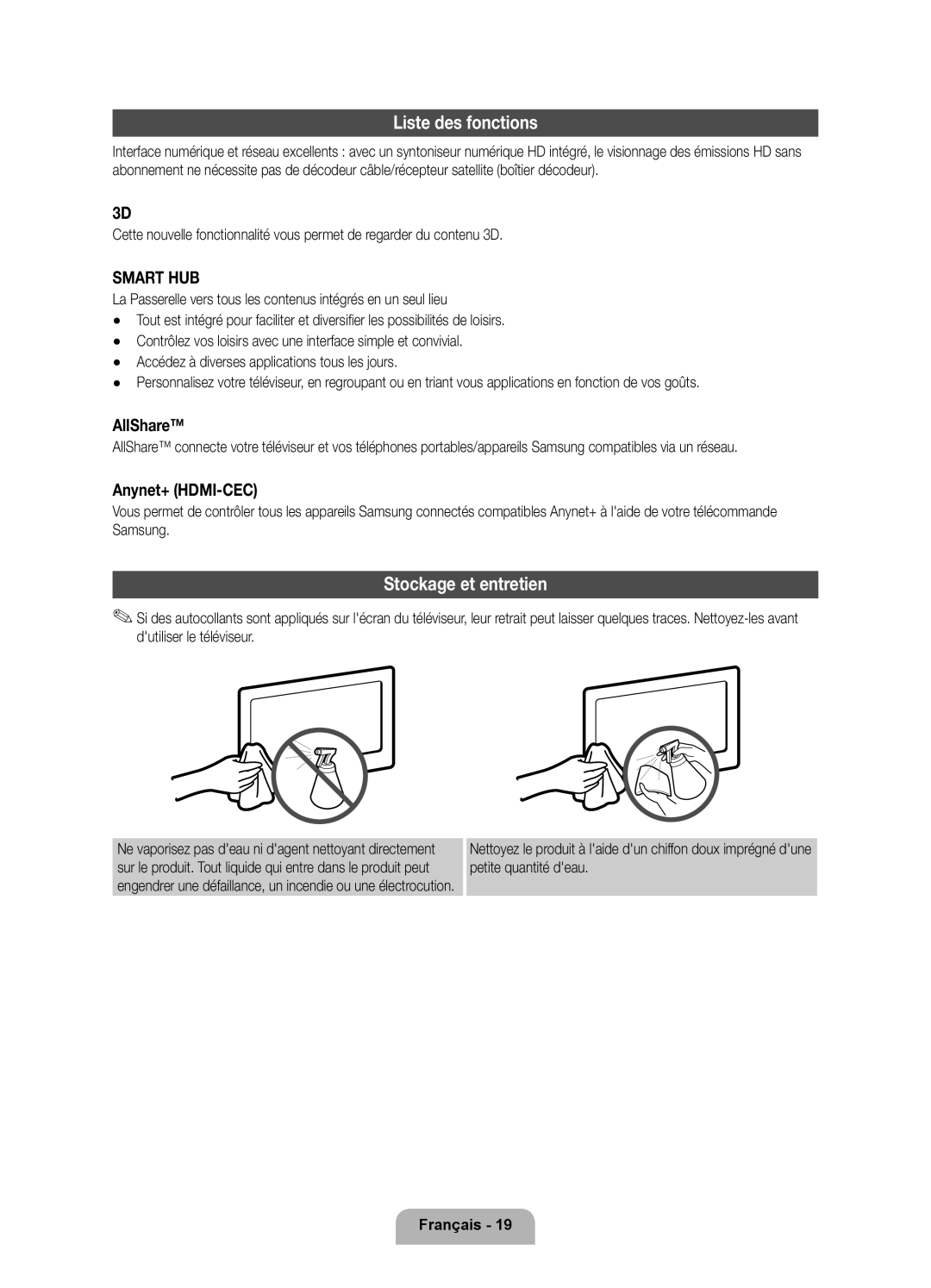 Samsung UE55D6100SPXZT, UE32D6100SPXZT, UE46D6100SPXZT, UE40D6100SPXZT manual Liste des fonctions, Stockage et entretien 