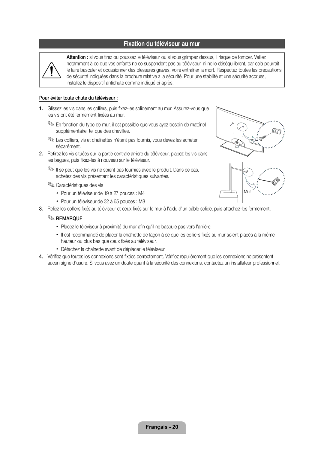 Samsung UE46D6100SPXZT, UE32D6100SPXZT manual Fixation du téléviseur au mur, Pour un téléviseur de 32 à 65 pouces M8, Mur 